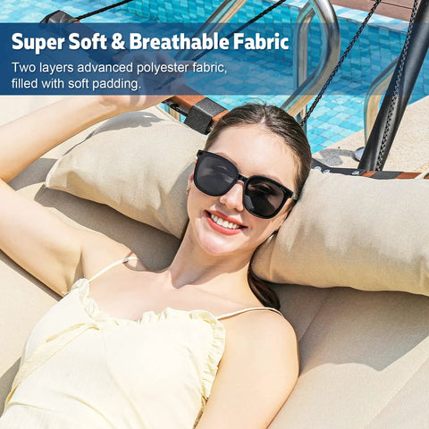 Woman lounging on 12Ft Two Person Hammock With V Shaped Hardwood Spreader Bar And Nylon Rope For Outdoor Chill On Patio Garden Backyard Beach Poolside 450Lb Capacity 55In By 79In Beige.