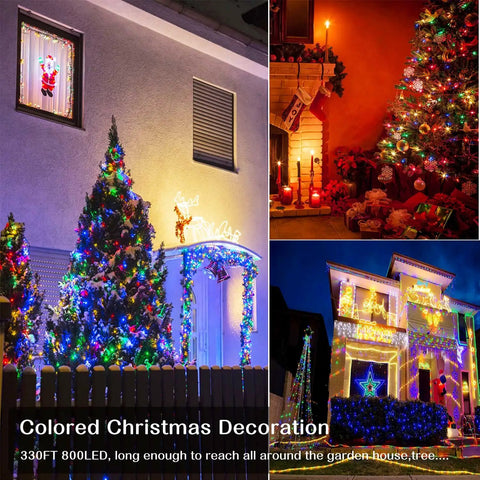Massive 800LED Multicolor Christmas String Lights 330ft Plus 10ft Lead 8 Modes Timer Waterproof decorations on house and tree
