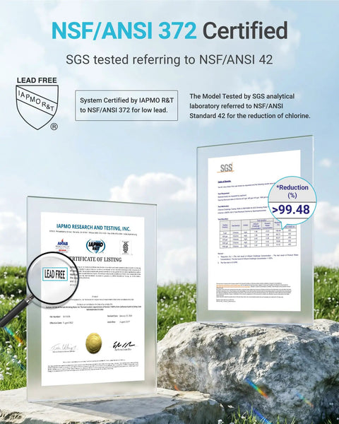 NSF/ANSI 372 certified documents showcasing low lead and chlorine reduction for Campout Ready RV Inline Water Filter.