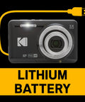 A Real Deal 16 Megapixel Digital Camera With 5X Optical Zoom That Knocks Out Crisp Pictures Plus 28mm Wide Angle Lens And 1080P Full HD Video Recording For Travel Vibes And Family Moments So You Can Vlog Life Updates Without Breaking The Bank, showing front view with USB charging cable.