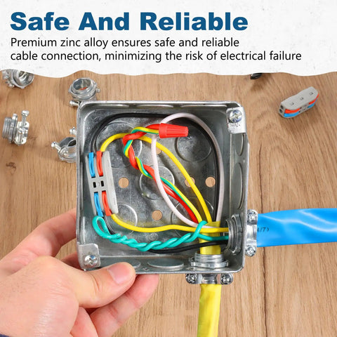 25 Pack Half Inch Clamp Type Cable Connectors With Zinc Alloy Wire Clamps installed in electrical box with NM cables and conduit