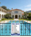 Two Pack Pool Rules Signs Keep It Safe No Diving No Running Swim At Your Own Risk Warning Sign 14 By 10 Inch Reflective Aluminum Weatherproof UV Protected For Pools Water Parks And Beaches Easy To Mount displayed on poolside fence