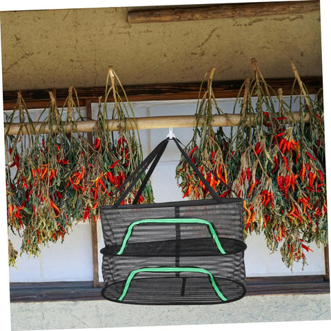 Top Shelf Hanging Drying Rack With Breathable Mesh Net For Herbs Vegetables And Fish No Fuss Space Saving Stand, displaying red chili peppers