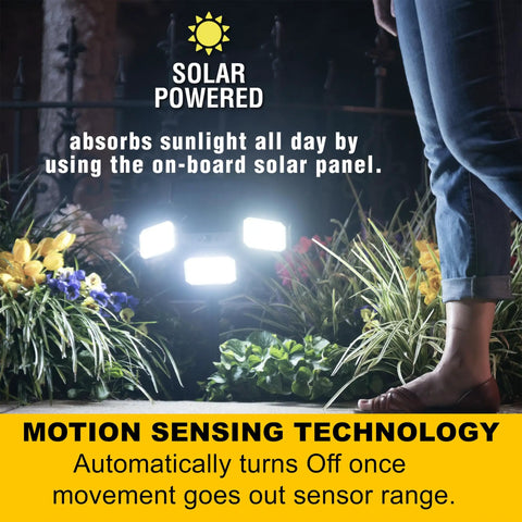 Solar Powered Outdoor Flood Light With Motion Sensor, illuminating garden, emphasizing solar charging and motion sensing features