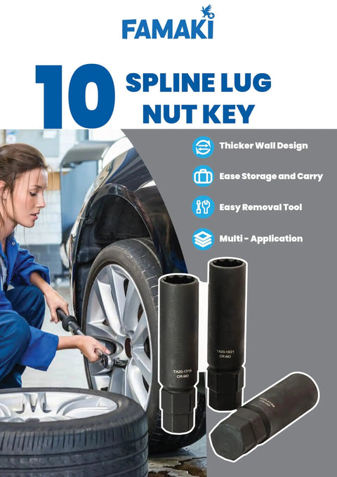 Heavy Duty 10 Spline Lug Nut Key Socket With Dual 17 And 19 mm Hex Head Thick Wall Chrome Moly Steel in use on tire.