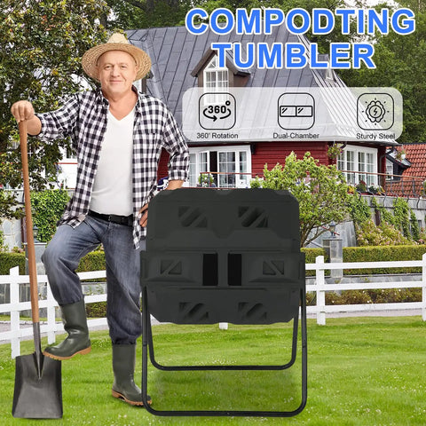 Dual Chamber Tumbling Compost Bin With Sliding Doors No Fuss, 43 Gallon Outdoor System for garden patio kitchen yard