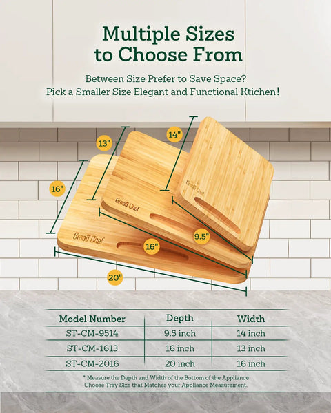 Premium Bamboo Appliance Slider Plus Rolling Kitchen Countertop Tray For Coffee Makers And Kitchen Gear Featuring Slick Rubber Wheels Heavy Duty Cabinet Glide Organizer 20 By 16 Inches showcasing multiple tray sizes.