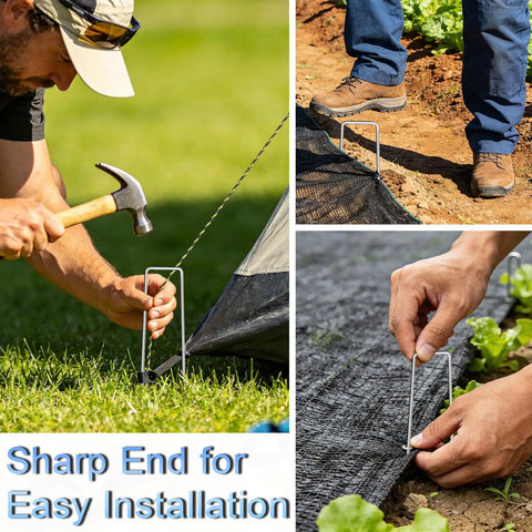 Heavy Duty 6 Inch U Shaped Galvanized Garden Stakes Pack Of 240 11 Gauge Landscape Staples For Landscape Fabric Pins Ground Stakes And Yard Decor For DIY Projects shown in use securing fabric in grass and soil.