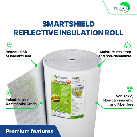 5mm Reflective Foam Core Insulation Roll 16 By 50 Ft R15 Radiant Barrier shown with features like moisture-resistance and non-toxicity.