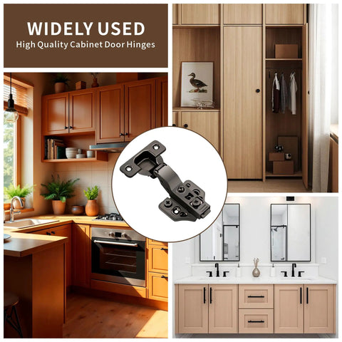 Twenty Pack Inset Soft Close Cabinet Hinges Delivering Rock Solid Three Way Adjustment And Hella Smooth Self Closing Cycle For Everyday Kitchen Cabinetry Includes Full Mounting Set In Classic Black in kitchen and bathroom settings.
