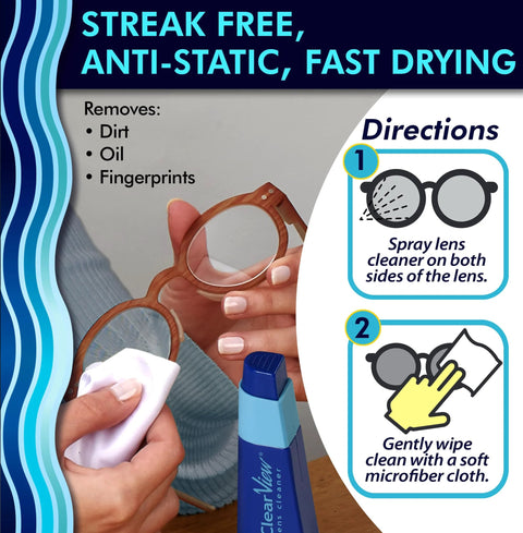 Portable eyeglass lens cleaner kit with refillable blue spray bottle and microfiber cloth.