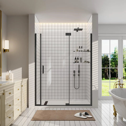 Built Different Hinged Shower Door In Matte Black With Integrated Dual Shelves Fits Width 59 To 60 Inches And Height 76 Inches installed in modern bathroom.