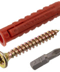 Close-up of 25 Dowel Fixing Kit With Nylon Collars Diameter 8x40 mm, 25 Yellow Wood Screws Diameter 5x40 mm, And PZ2 Quarter Inch Bit