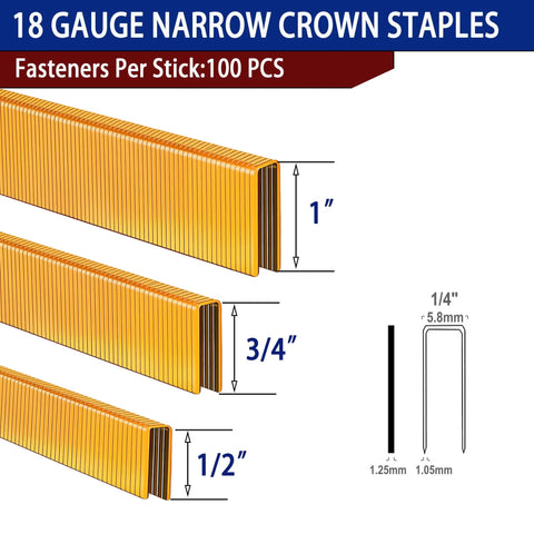 18 Gauge Narrow Crown Galvanized Staples in 1, 3/4, and 1/2 inch sizes for cabinet making and crafts in 100 PCS packs.