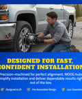 Mechanic installing Front Wheel Bearing And Hub Assembly Direct Fit For Chevrolet Cruze And Cadillac Models on vehicle wheel.