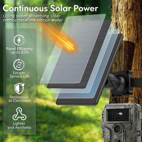Rugged As Heck 6W Solar Panel For Trail Cameras high efficiency monocrystalline panel mounted on tree next to camera.