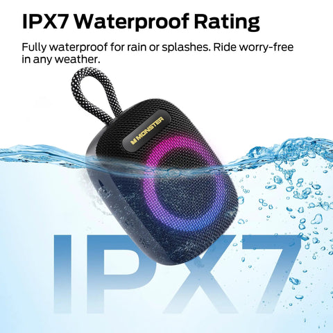 Outdoor Bluetooth Speaker with IPX7 Waterproof Rugged Build in water, showcasing compact design, RGB lights, and loop handle.