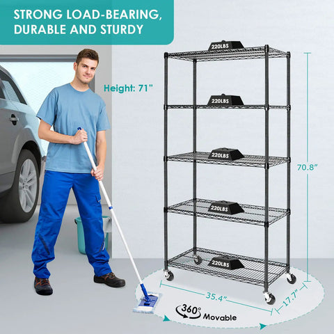 Total Workhorse Five Tier Black Wire Shelving Rack With Smooth Rollers Fully Adjustable NSF Certified Metal Storage Unit in garage.