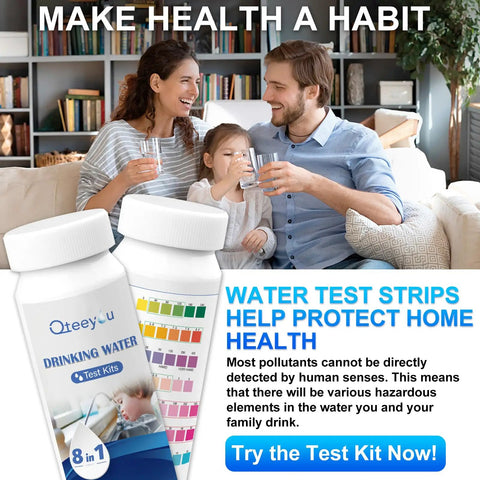 Legit Game Changer 8 In 1 Drinking Water Test Kit Featuring 50 Lead Detection Strips with family using test strips at home.