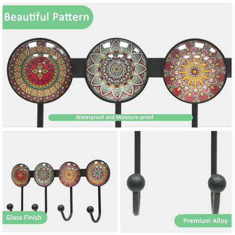 Wall Mounted Coat Rack With Four Hooks Round Brown Mandala Pattern Boho Chic Decorative Wall Hanger For Hats Keys Towels Purses Bags And Robes In Entryway Or Bathroom A Stylish Functional Home Organizer, close-up of mandala design