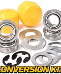 Heavy Duty Front Wheel Bushing To Bearing Conversion Kit With Hi Temp Grease; includes bearings, washers, and spacers.