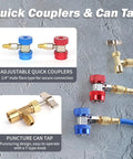 Quick couplers and can tap for 3 Way AC Manifold Gauge Set With Quick Couplers And 410 Adapter For R134A R410A R22 R404A