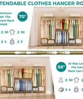 Kickass Heavy Duty Portable Closet Rack With Adjustable Metal Shelves displaying extendable clothes rods at 70" and 88".