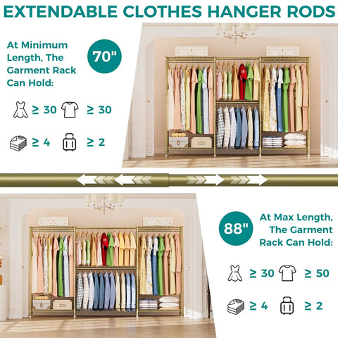 Kickass Heavy Duty Portable Closet Rack With Adjustable Metal Shelves displaying extendable clothes rods at 70" and 88".
