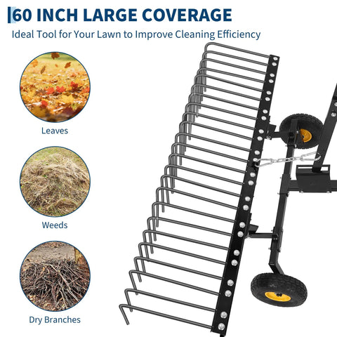 60 Inch Tow Behind Dethatcher with 24 spring steel tines for ATV or mower, showcasing large coverage and steel tine details.