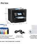 WorkForce Pro WF 4830 Wireless All In One Printer with ink cartridges, power cord, and CD-ROM, dimensions 13x16.7x19.8 inches.