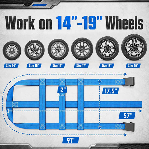Heavy Duty Tow Dolly Basket Straps With Flat Hook 10000 Lbs Break Strength Tire Wraps Universal 14 To 19 Inch Wheel size chart and strap dimensions.