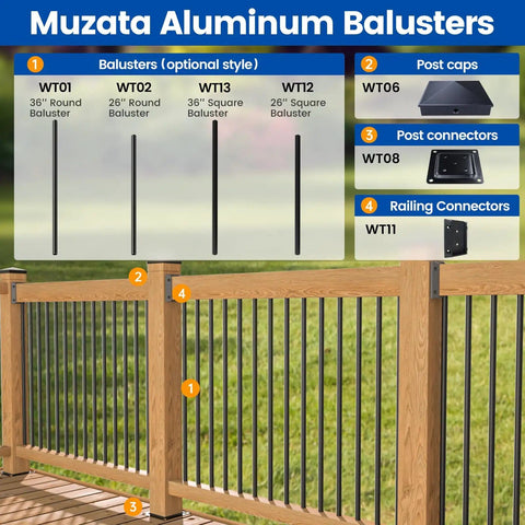 Muzata aluminum balusters display showing different baluster styles, post caps, connectors, and railing connectors for deck use.
