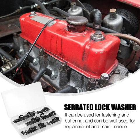 340 Piece Black Internal Tooth Lock Washers And Push On Clips Fasteners Kit next to red engine in all-in-one assortment
