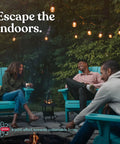 Group of friends enjoying an outdoor evening with string lights and Adirondack chairs, showcasing outdoor living space.