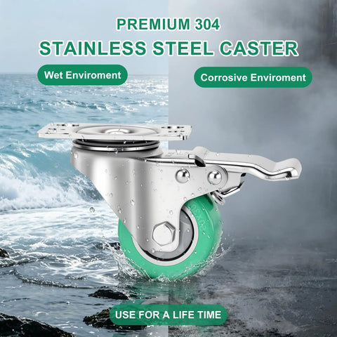 Hassle Free Heavy Duty Stainless Steel Caster Wheels Two Inch Set Of Four Rustproof Anticorrosion showing wet and corrosive environments.