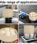 Two Tier Bamboo Food Steamer Basket For Dumplings And Fresh Seafood With No Sweat Cleanup on stovetop, showcasing versatility.