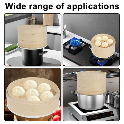Two Tier Bamboo Food Steamer Basket For Dumplings And Fresh Seafood With No Sweat Cleanup on stovetop, showcasing versatility.