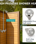 Killer Outdoor Shower Kit Featuring Solid Brass Mixing Valve And Stainless Steel Pipe With Dual Handle Brushed Nickel Finish And All Season Weather Proof Build For Your Ultimate Backyard Oasis Setup showing high pressure shower head with adjustable pivot ball joint and anti-clog nozzles.