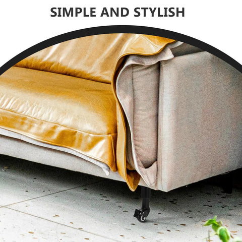 Adjustable Sofa And Bed Leg Set With Caster Wheels in black steel under a beige couch, shown on a tiled floor.
