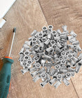 Stainless Steel Rivet Nuts Kit With 120 Pieces Flat Head Knurled Threaded Inserts for quick connections on wooden surface