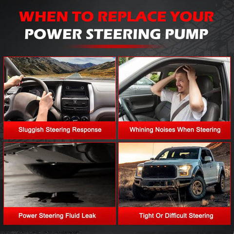 When to replace your power steering pump; issues like sluggish response, whining noises, fluid leaks, or tight steering.