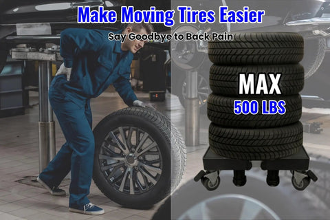 Heavy Duty Tire Dolly With 500 Lb Load Capacity And Smooth Rolling Garage Storage Rack features 500 lbs max load and smooth wheels.