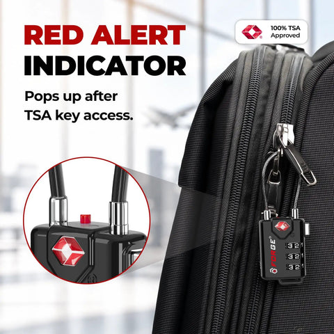 Tsa Approved Travel Luggage Cable Locks Built Solid With Heavy Duty Alloy Design And Smart Open Alert Mechanism To Keep Your Gear Locked Down Tight Black Two Pack showing red alert indicator after TSA access.
