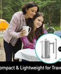 Premium French Press Coffee Maker With Built In Measurement Marks For Smooth Daily Brews Made From Safe Non Toxic Materials In Sleek Silver, 8.5 in size, used for camping.