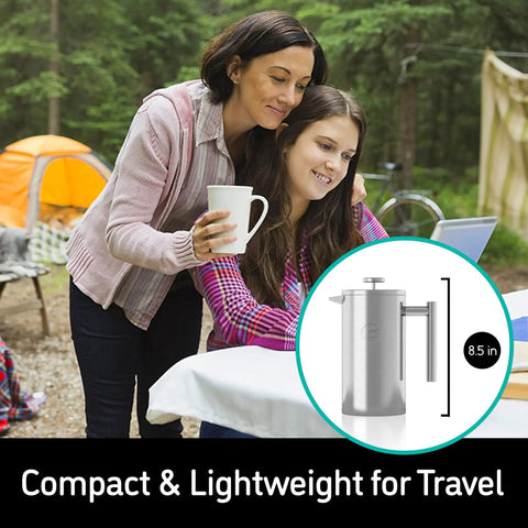 Premium French Press Coffee Maker With Built In Measurement Marks For Smooth Daily Brews Made From Safe Non Toxic Materials In Sleek Silver, 8.5 in size, used for camping.