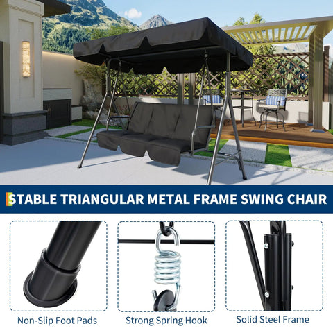 Three Person Outdoor Patio Swing Chair With Adjustable Canopy Shade Removable Sun Shade For Backyard Deck Porch Cozy Three Seater Swing Seat With Tilt Canopy For All Day Comfort And Relaxation showing sturdy metal frame