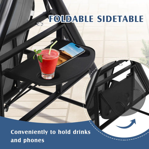 Outdoor Three Seat Porch Swing With Canopy And Stand Convertible 2 In 1 Bed Cup Holder Pillow Cushions Grey Patio Swing foldable sidetable
