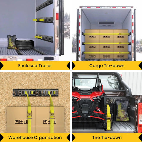 E Track Tie Down Rail Kit 31 Piece Set with completed setup in enclosed trailer holding gear and boxes securely.