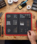 Foldable Magnetic Tool Mat With 40 Lbs Hold, Flexible Parts Organizer For Auto Repair And Electronics, Ultra Strong Magnetic Hold Keeps Screws Wrenches Bolts Secure Even On Tilted Or Vibrating Surfaces. Folded open on workbench with screws and bits