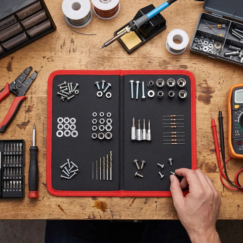 Foldable Magnetic Tool Mat With 40 Lbs Hold, Flexible Parts Organizer For Auto Repair And Electronics, Ultra Strong Magnetic Hold Keeps Screws Wrenches Bolts Secure Even On Tilted Or Vibrating Surfaces. Folded open on workbench with screws and bits